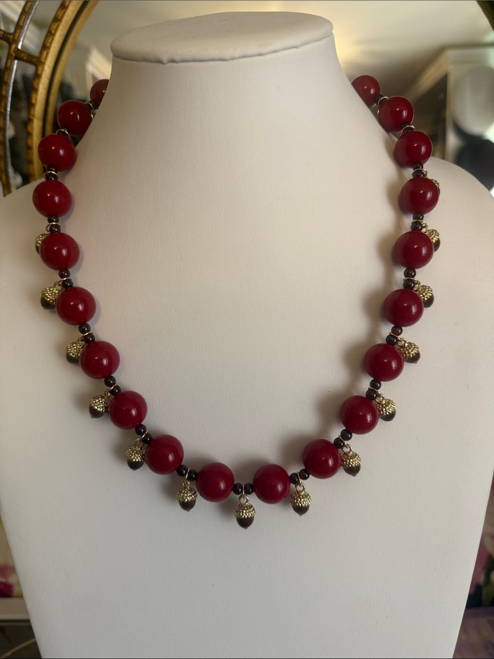 Audrey Limoges Collection Red Bead Necklace with Gold Acorn Accents 19"